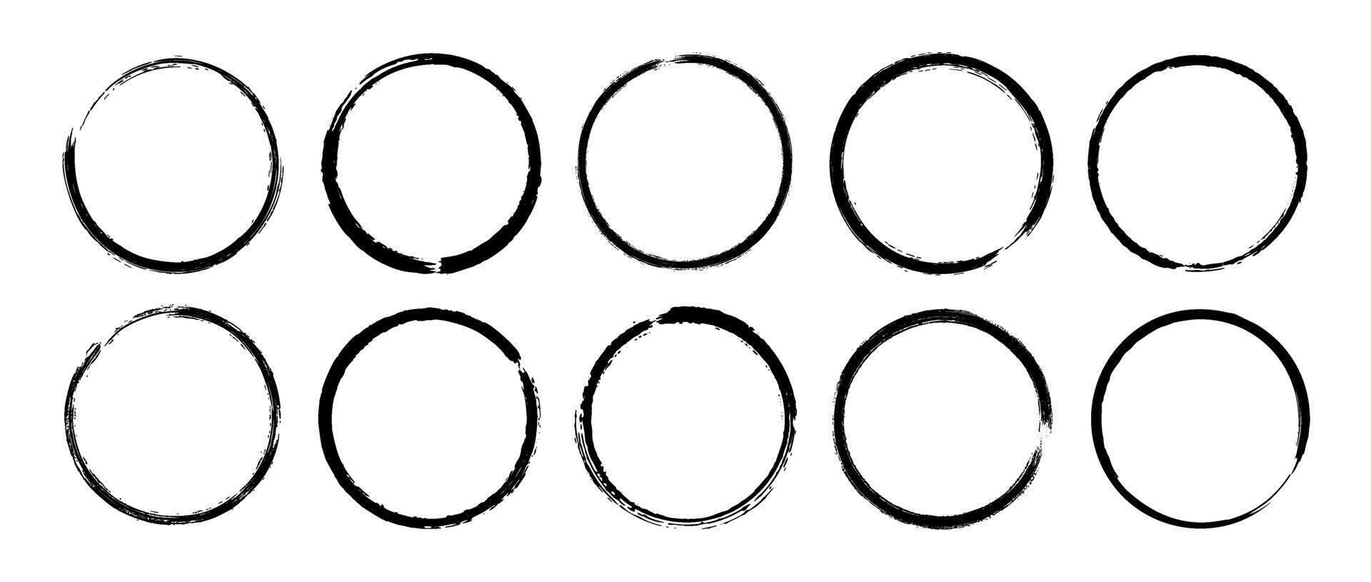 Round paint brush stroke set. Black grunge round stain collection. Ink or charcoal circular frame bundle for logo, label, poster, banner. Rough ring stamp mark pack. encircle design elements vector