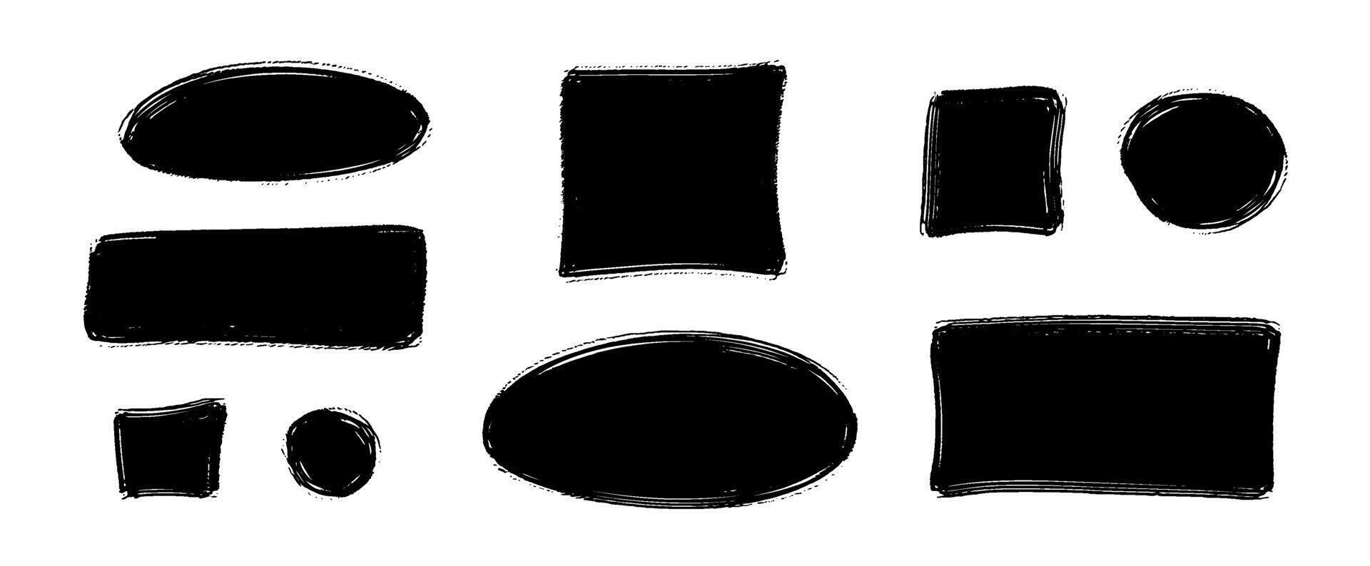 Dry paint stain set. Black grunge ink frame box collection. Brush stroke geometric element pack. Hand drawn charcoal blobs for poster design, collage, banner, template, text box. Border bundle vector