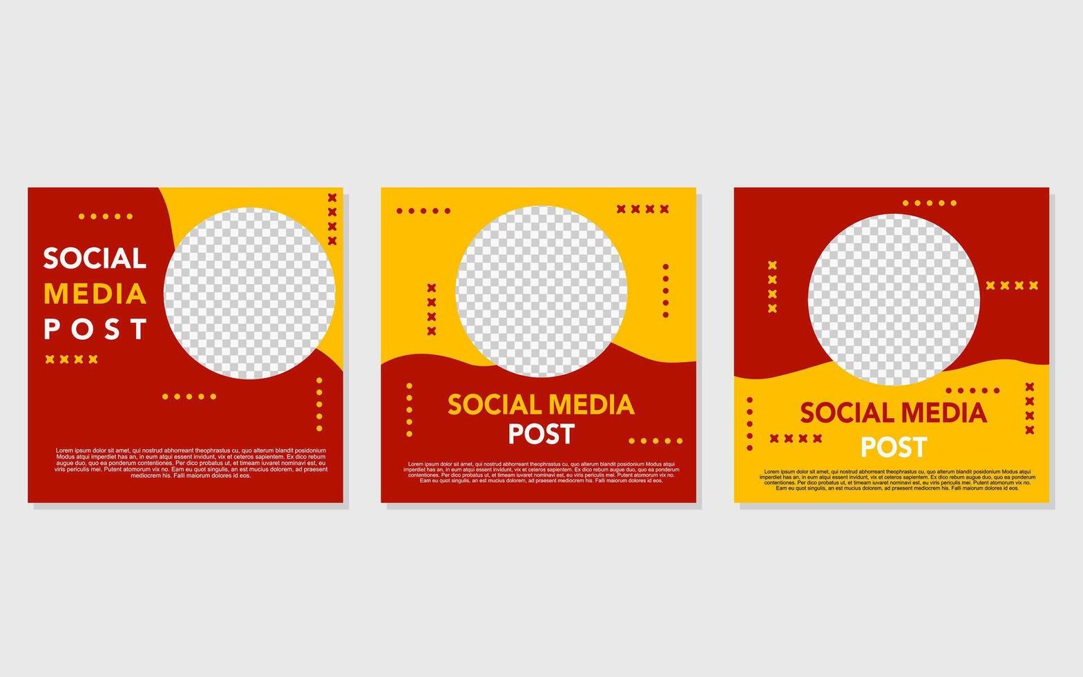 Three social media posts are designed in red and yellow. vector