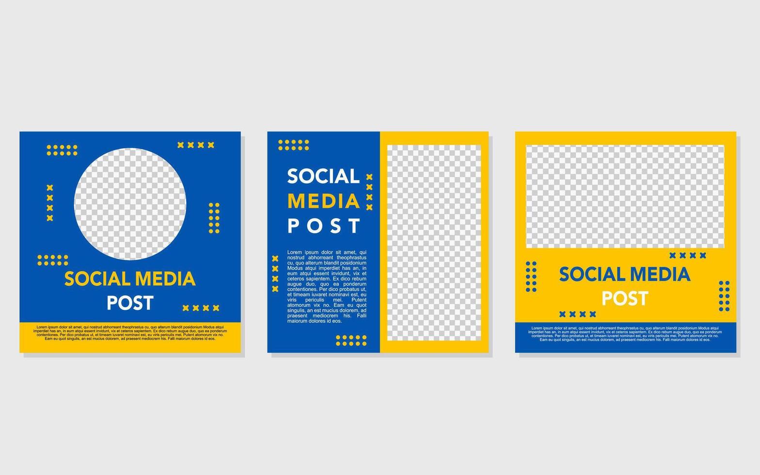 Three social media post templates with a yellow and blue design. vector