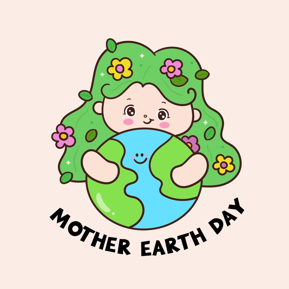 Mother earth day. International Earth Day kids with kawaii girl cartoon with flower vector