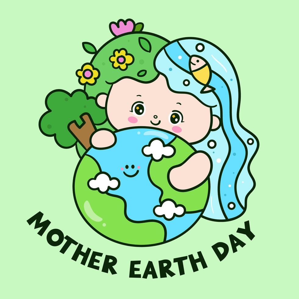 Mother earth day. International Earth Day kids with kawaii girl cartoon with forest and river vector