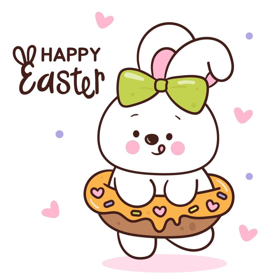Cute easter bunny rabbit hug carrot donut kawaii animal vector