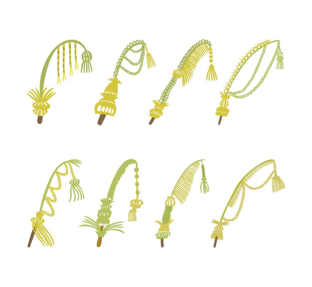 A collection of Indonesian Balinese Janur yellow coconut leaf decorations, for traditional themed artwork, festival decorations, and ethnic design projects. vector
