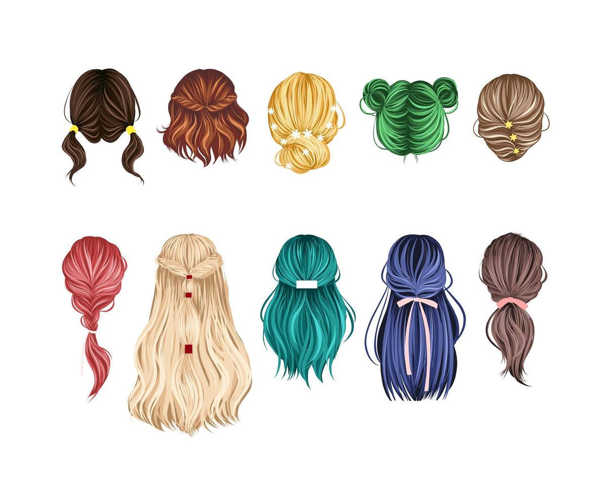 A stylish collection of female back-view hairstyle illustrations, featuring various hair colors and elegant styles. For beauty designs, hair salon branding, and digital avatars. vector