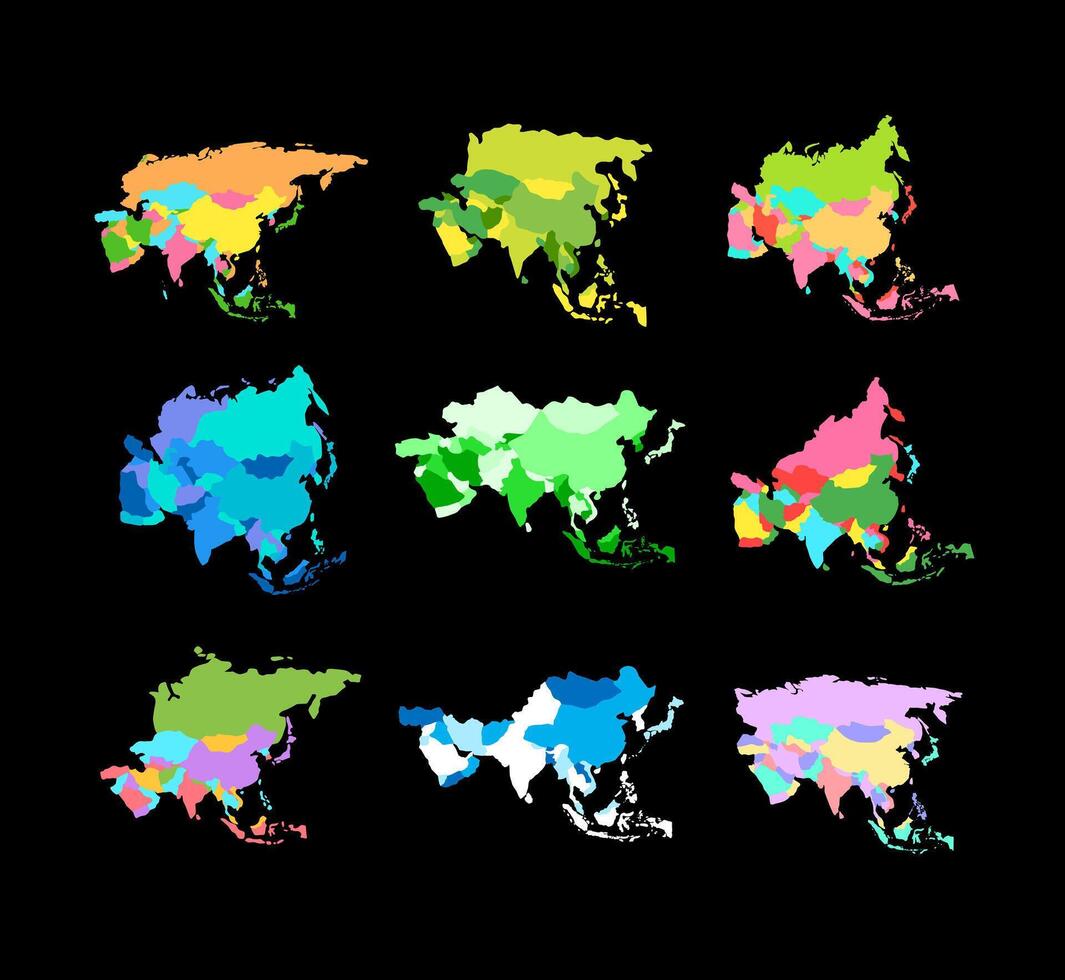 A vibrant collection of Southeast Asia maps, highlighting countries in colorful designs. Perfect for educational materials, travel guides, infographics, and cultural projects vector