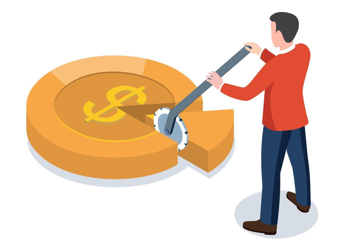 Financial management is symbolized by a businessman slicing a dollar coin with a pizza cutter, representing concepts such as money management, financial planning, and tax payments. vector