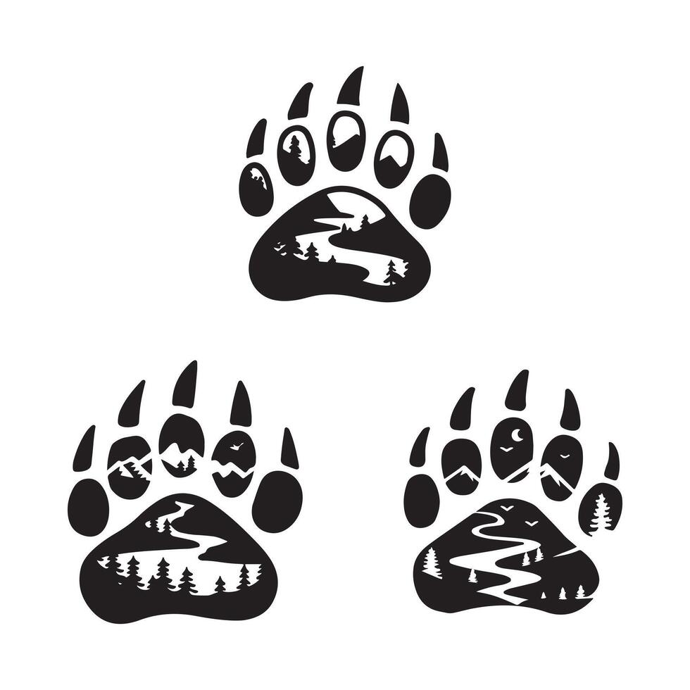Paw Print with Mountain and River Scene Silhouettes. vector