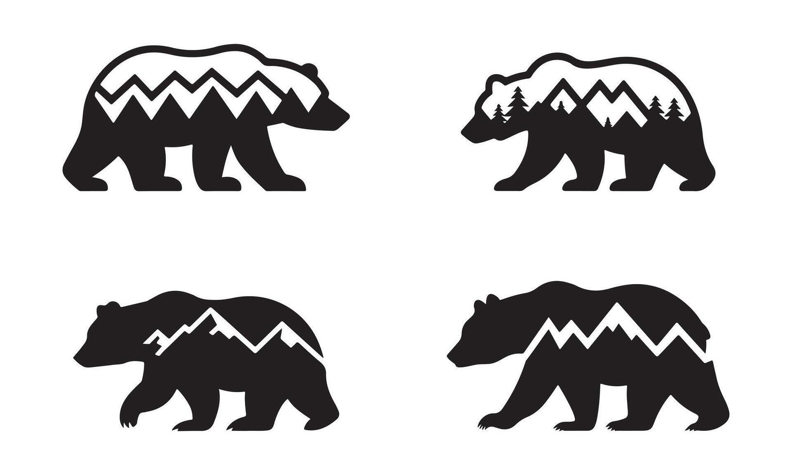 bear Silhouettes with Mountain and Forest Designs. vector
