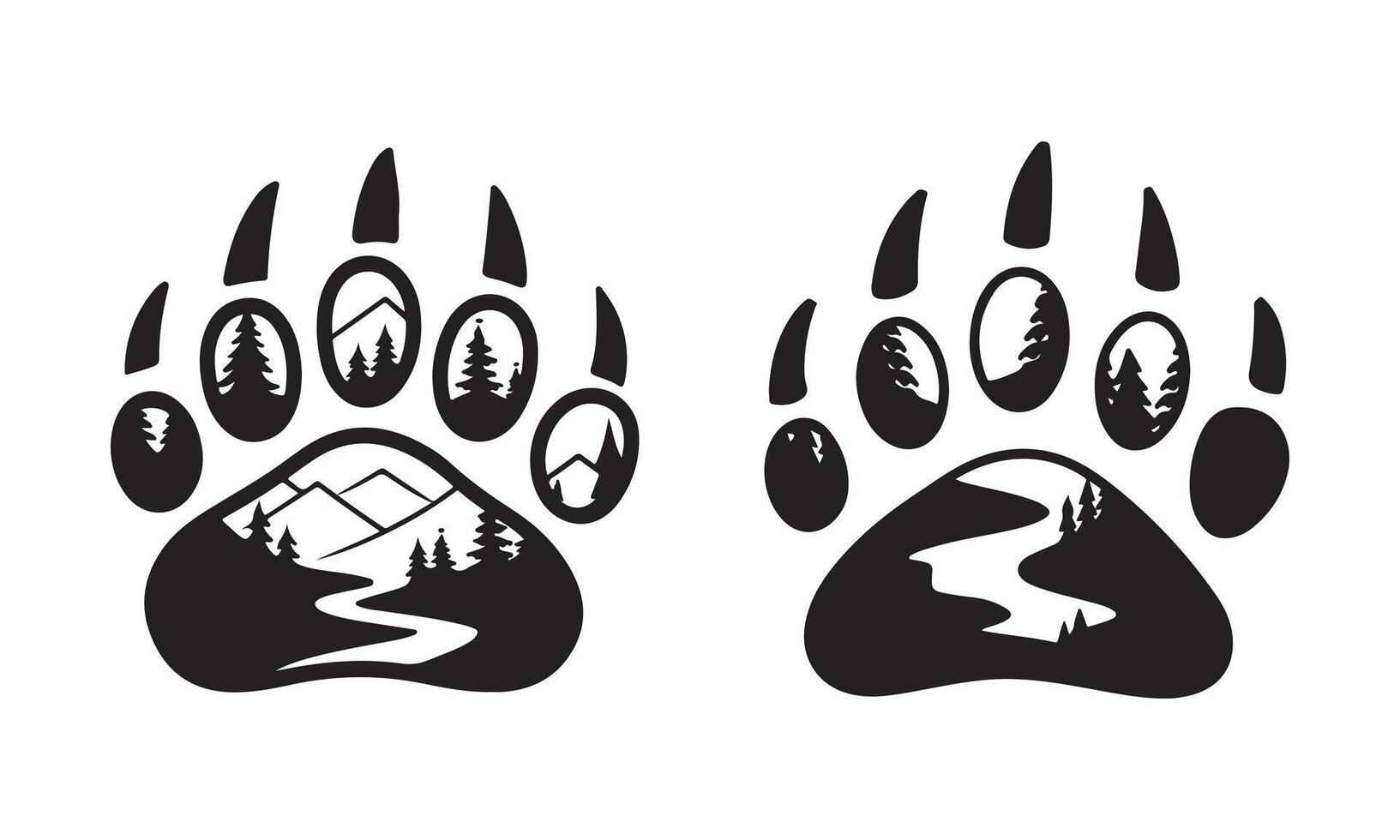Paw Print with Mountain and River Scene Silhouettes. Fully editable vector