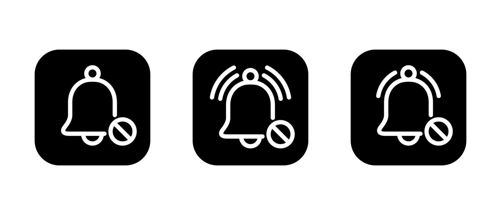 No bell icon set on black square. Turn off notification sign symbol vector