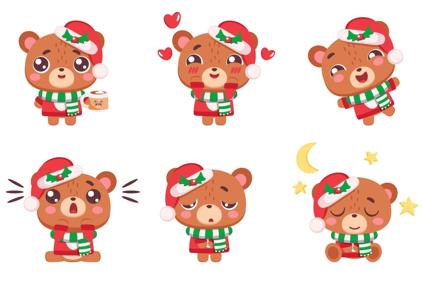 Set of Cute Christmas Bears with Various Emotions vector