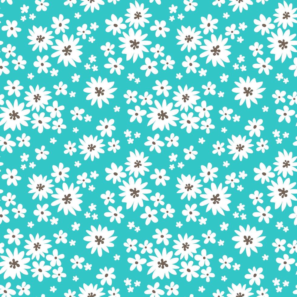 Seamless pattern with white flowers on turquoise background in flat style vector