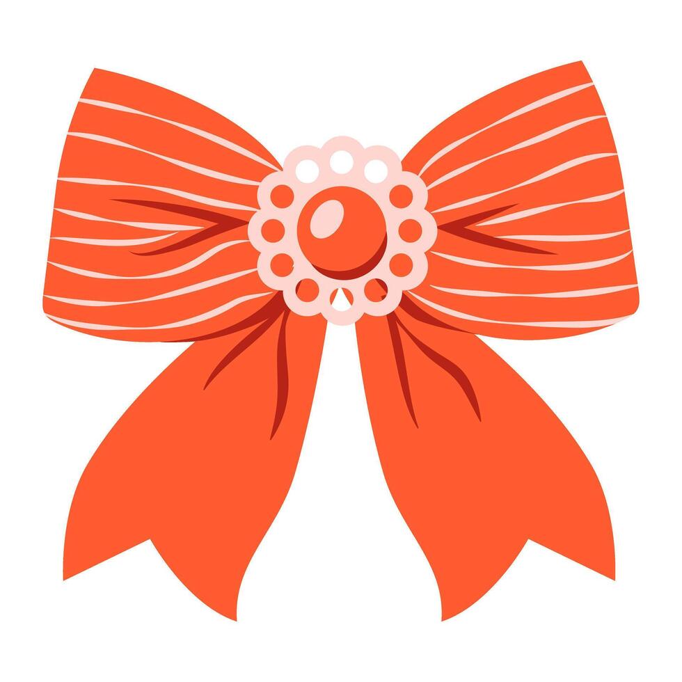 Cute red striped bow isolated on transparent background. Trendy hair braiding accessory. vector