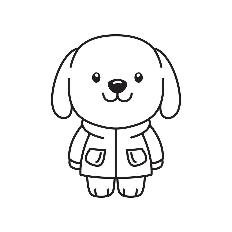 Funny Happy Puppy Little Dog Pet Animal Cartoon Character Wearing Jacket in Line Art vector