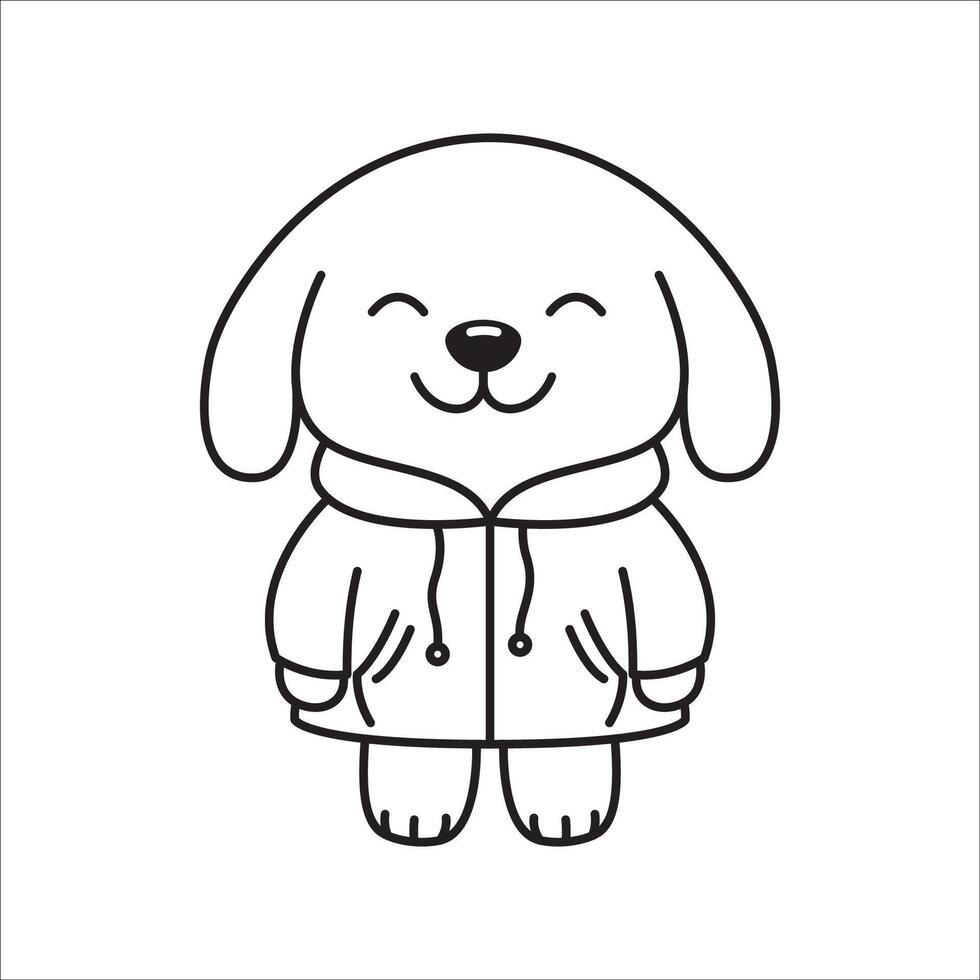 Adorable Happy Puppy Little Dog Animal Cartoon Character Wearing Jacket in Line Art Design vector