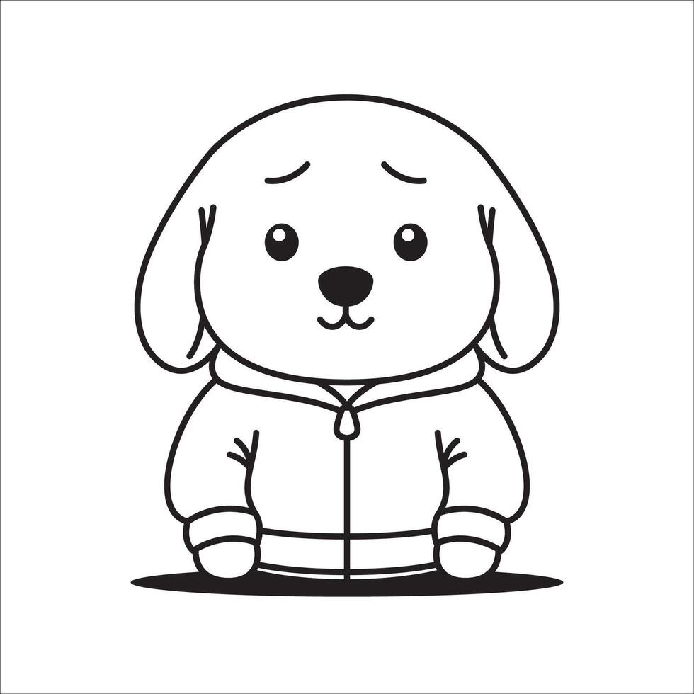 Adorable Puppy Little Dog Pet Animal Cartoon Character Wearing Jacket in Line Art with Sad Face vector