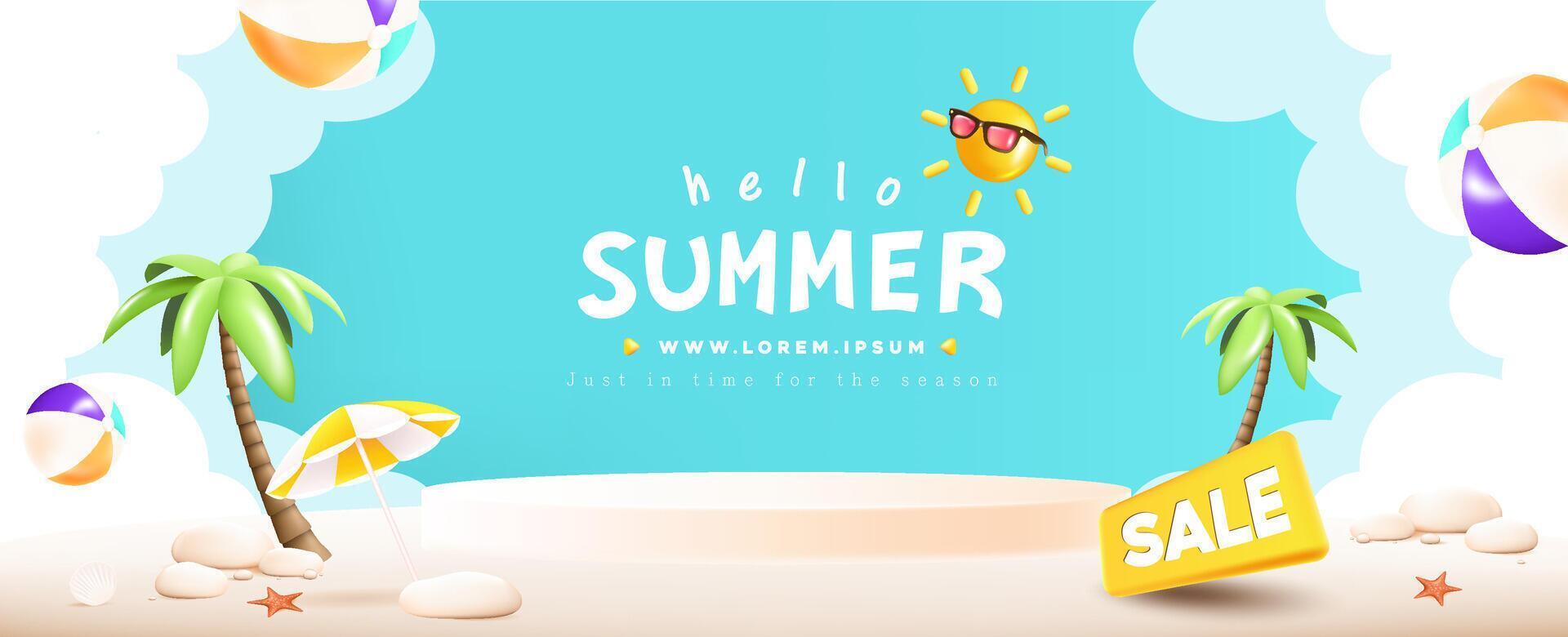 Summer web banner poster with podium and summer beach scene design background vector