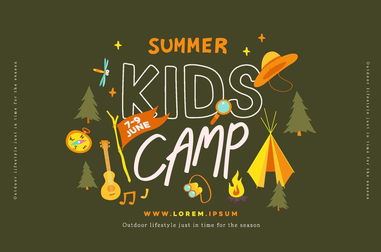 Summer camp kids poster banner adventure nature background with Summer camp adventure activities set vector