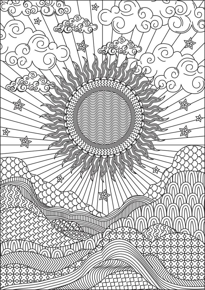 Sun And Clouds Adult Coloring Page vector