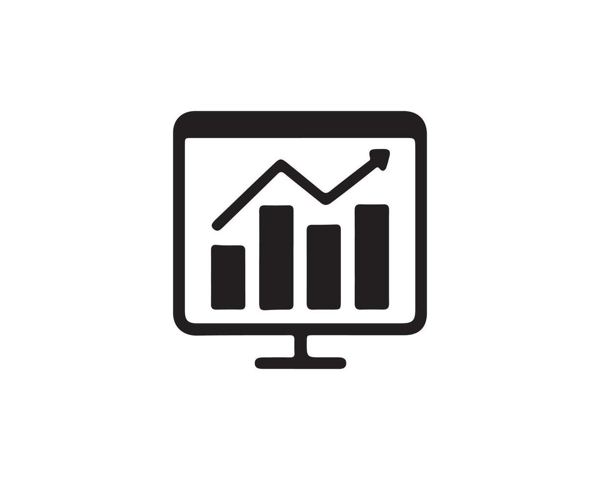Black line drawing icons of line graphs and bar graphs displayed on a computer screen design vector