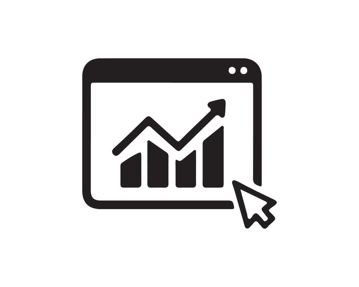 Data analysis icon with magnifying glass and chart in black and white line art design. vector