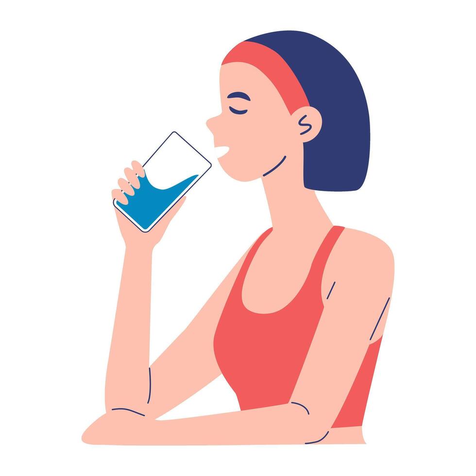 Short hair young Woman Drinking Water After Fitness Workout for Hydration and Health vector