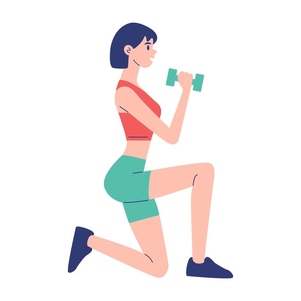 Short hair young woman doing lunges with dumbbells for strength training and fitness exercise vector