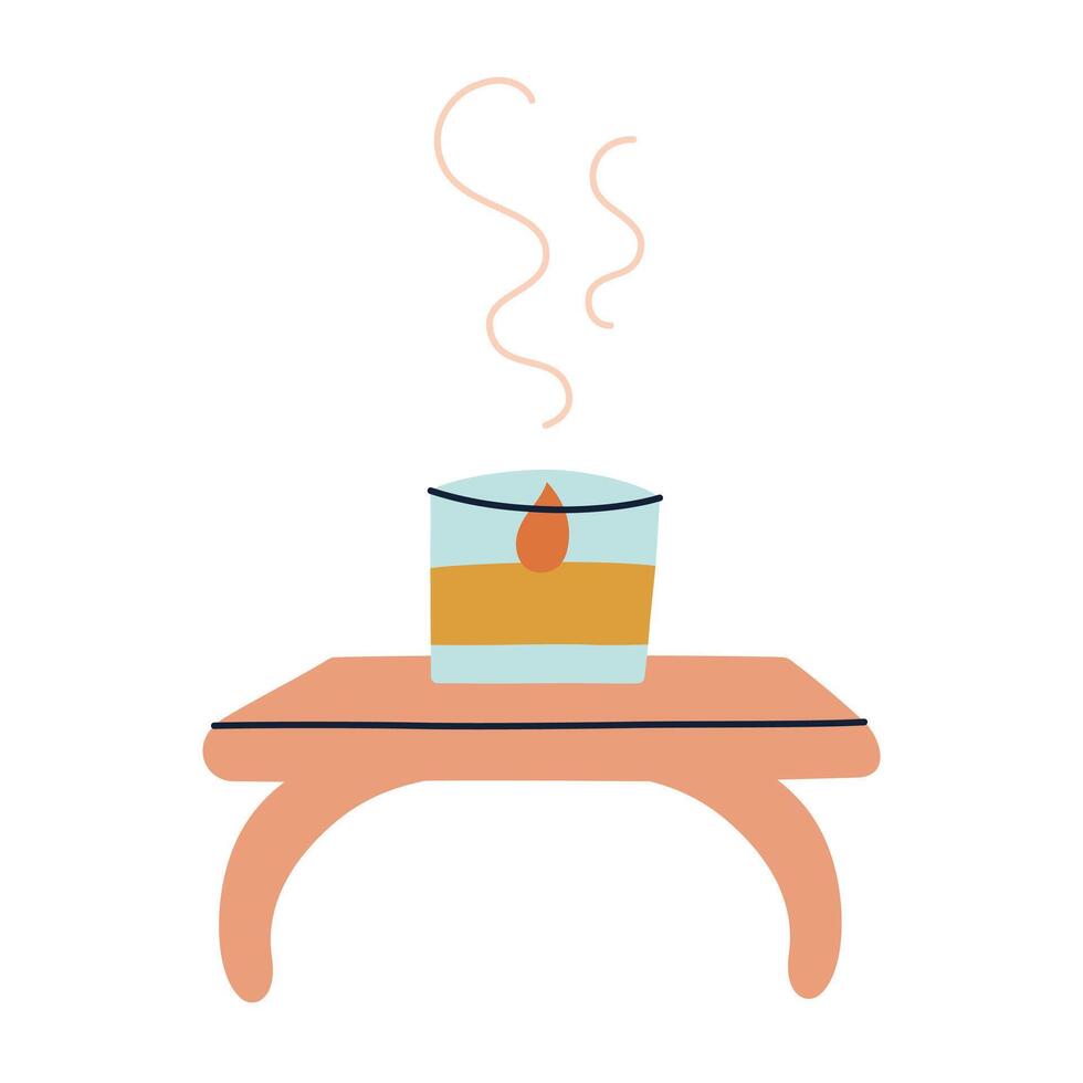 Flat cartoon illustration of low wooden table with burning aromatic candle. Minimalistic style, perfect for home decor, relaxation, and wellness themes. Doodle icon for interior decoration vector