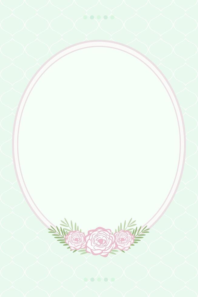 Cute green border of frame with empty round shape and rose bouquet. Can be use for wedding, invitation card. Valentine, RIP, Memorial concept. vector
