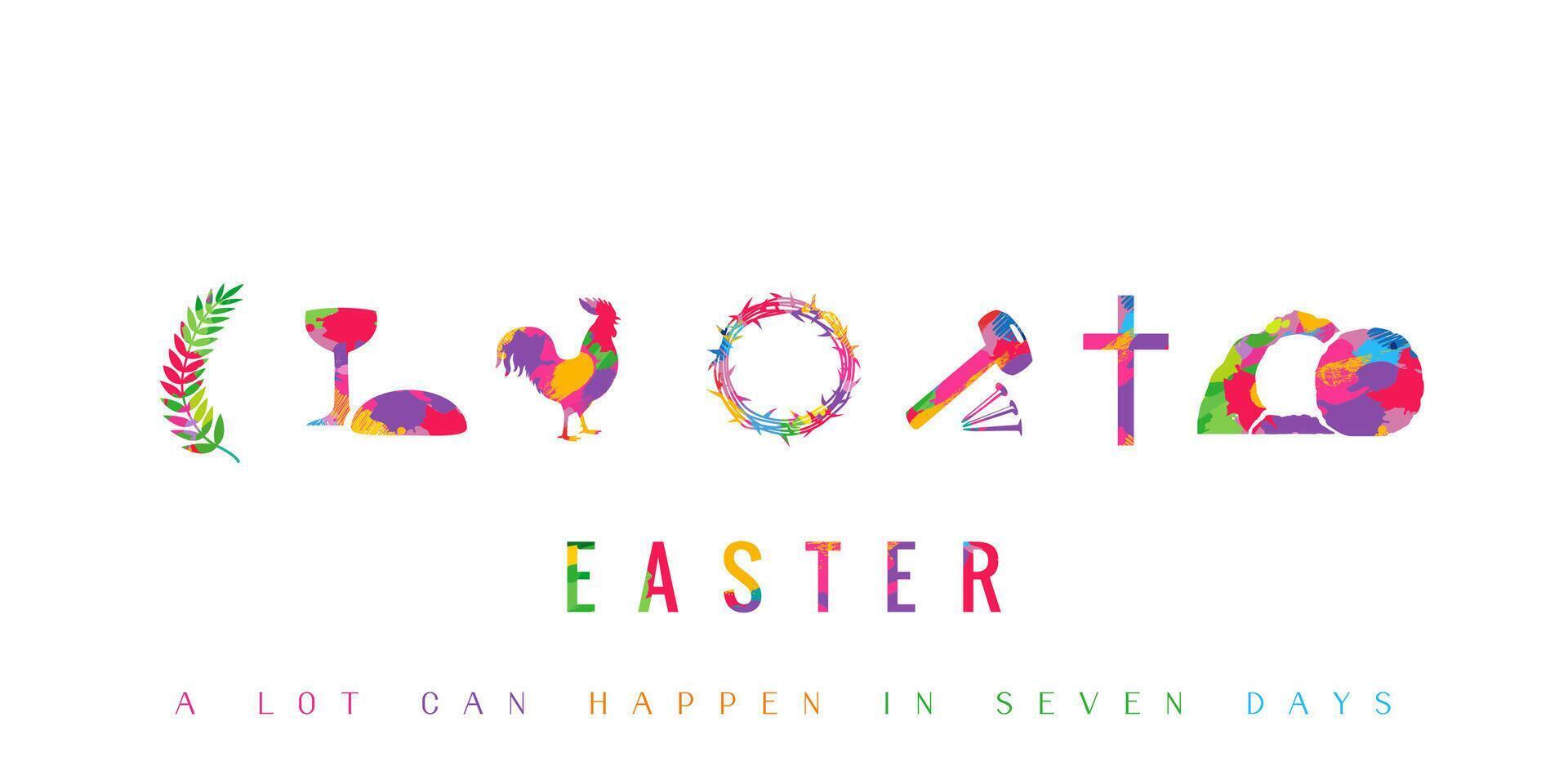 Easter colorful icons, palm branch, wine bowl, rooster, crown of thorns, nails, cross and open tomb. vector
