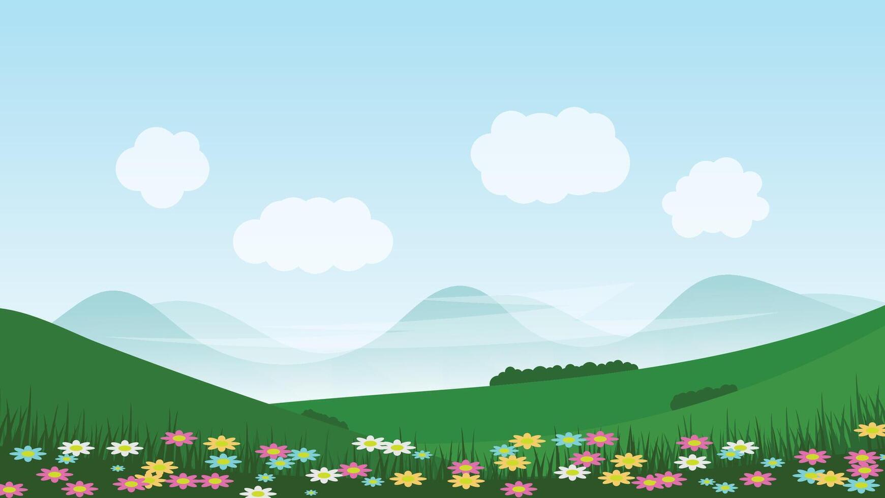 colorful flowers with green field and blue sky background. nature landscape cartoon scene vector