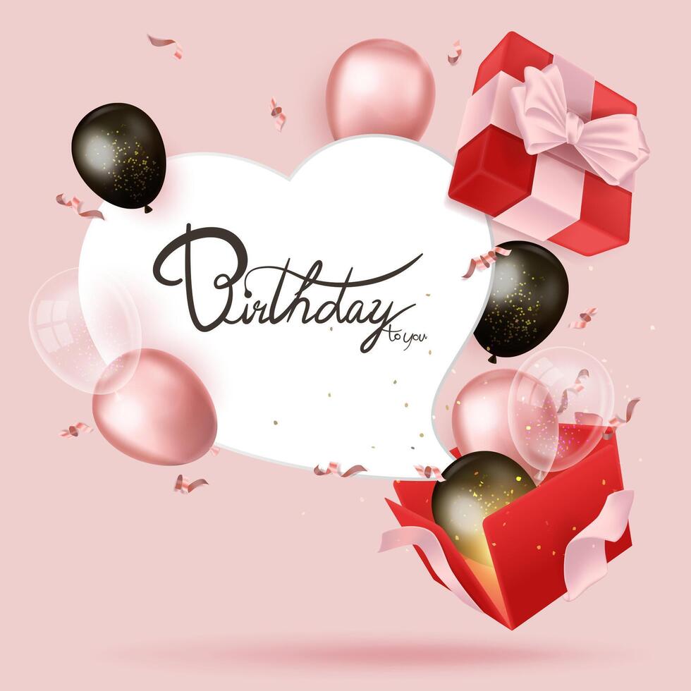 Happy birthday card with heart-shaped cards and pink, black and transparent balloons flying out of an opened gift box vector