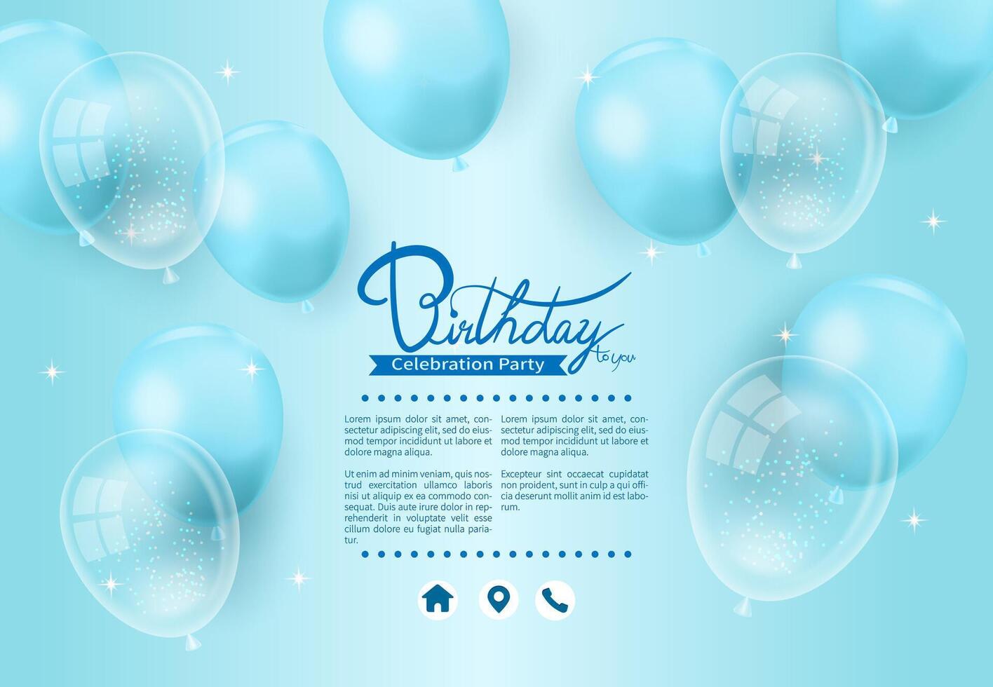 Horizontal happy birthday party card, poster with light blue and transparent balloons vector