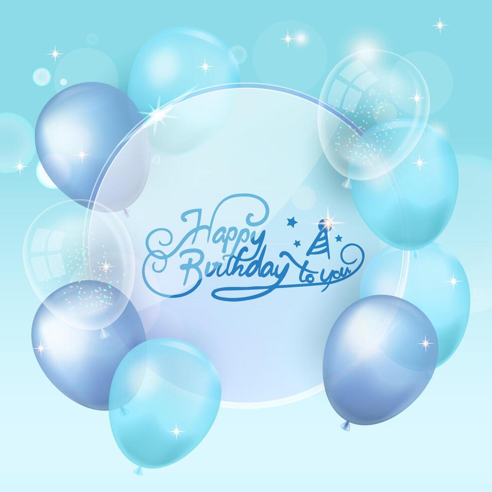 Square Happy Birthday greeting card, background with blue, light blue, transparent balloons vector