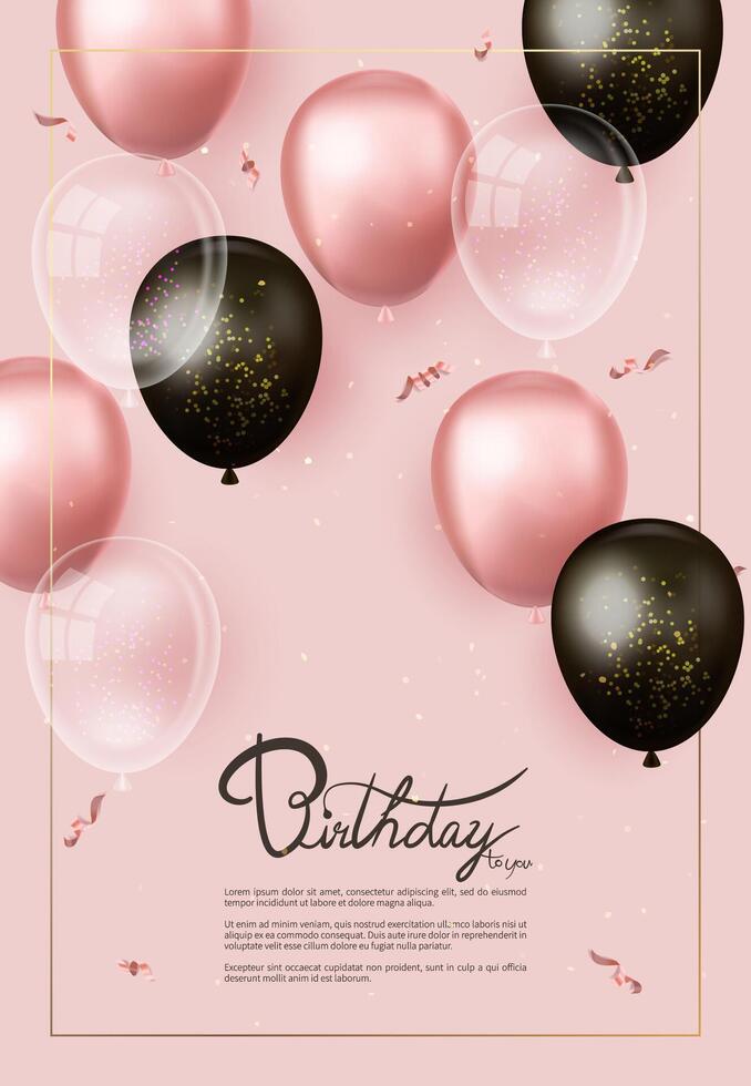 Vertical happy birthday card with pink, black and transparent balloons vector