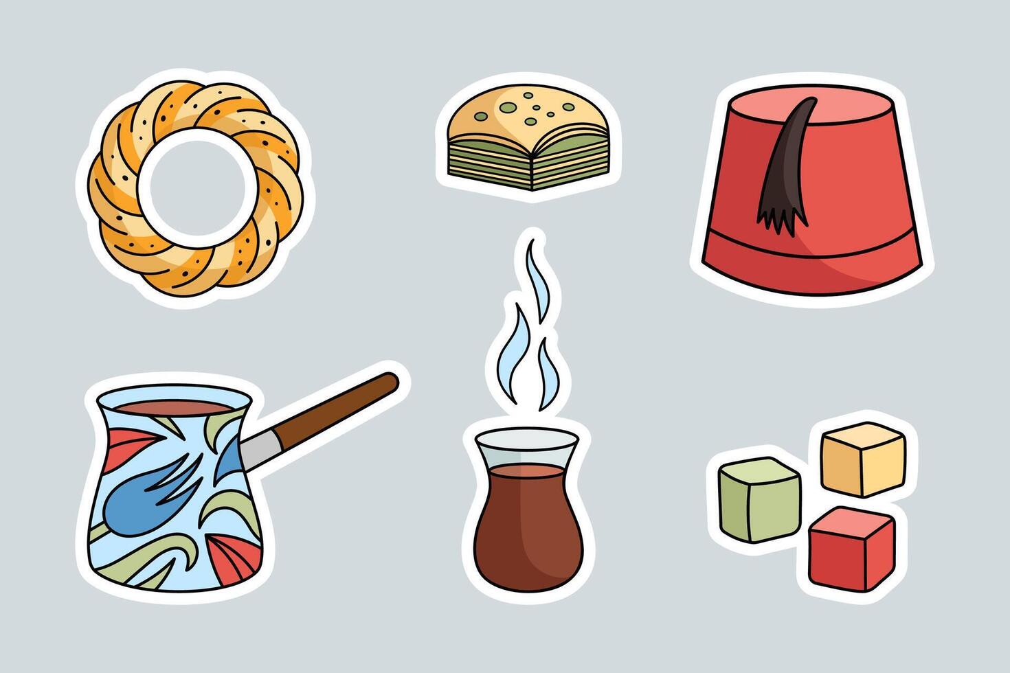 Turkish traditional tea party stickers set - coffee Turk for making coffee, tea cup, baklava, sesame bagel, delight, fez. Stickers collection isolated on white. vector