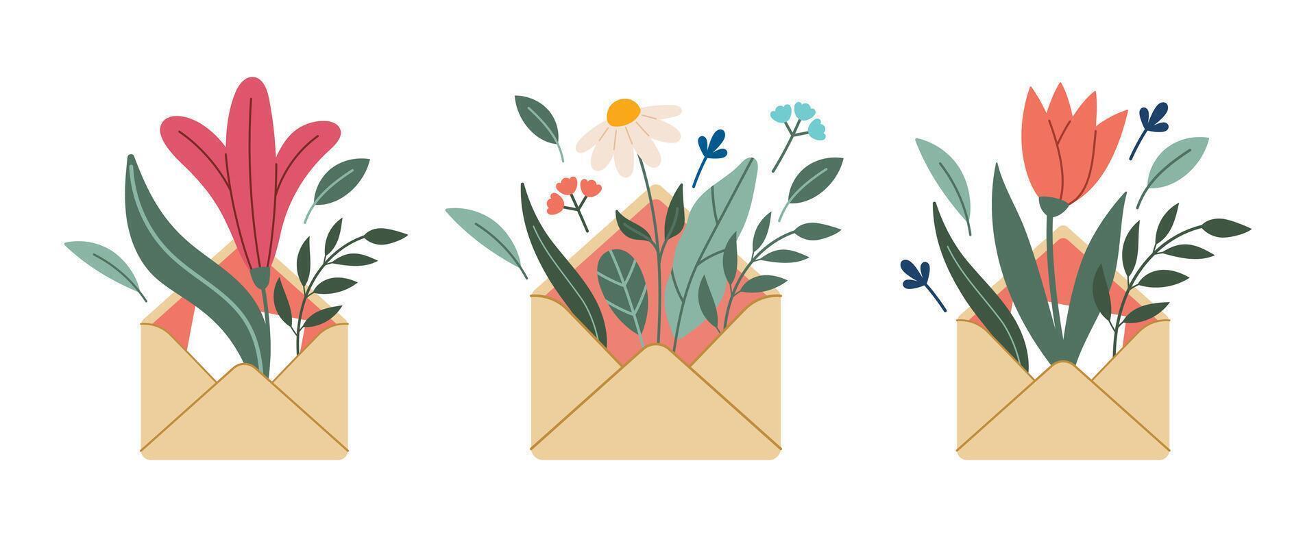 Envelopes with flowers and herbs set. Hello spring concept. Summer Letter. illustration, flat design. Flowers bouquet in envelope. Hand drawn trendy icon. vector