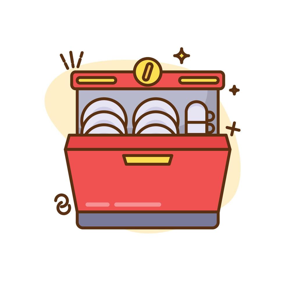 The image shows a cartoon illustration of an open dishwasher, filled with clean dishes. vector
