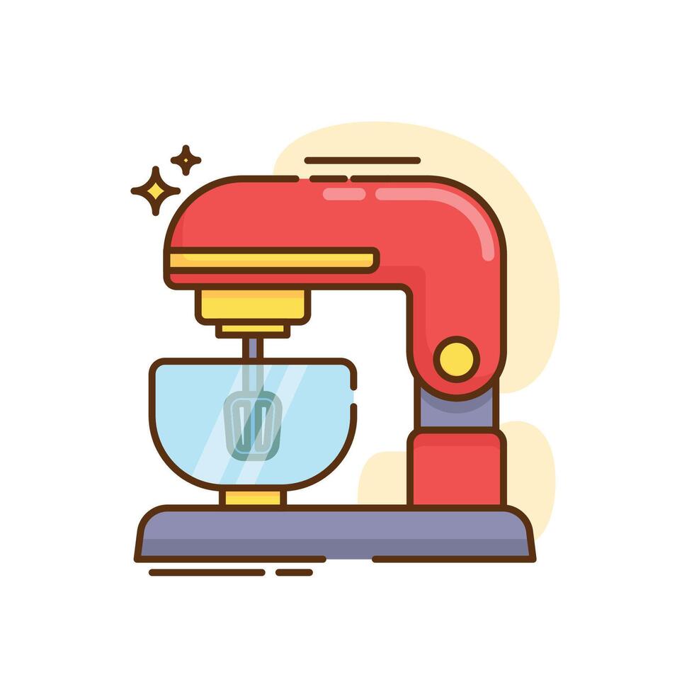 The image shows a cartoon illustration of a stand mixer. The mixer has a red tilting head and body, a light purple base vector