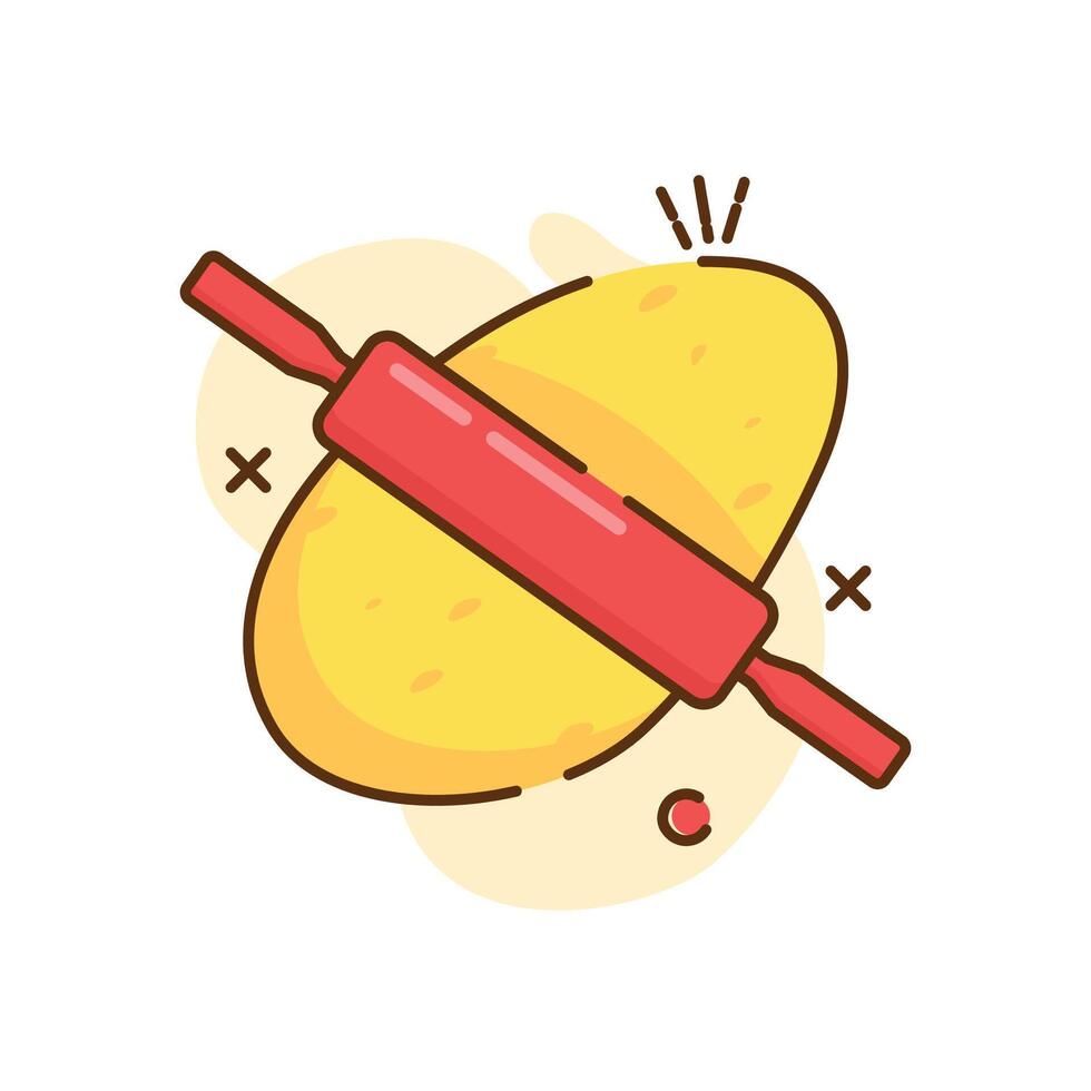 The image shows a cartoon illustration of a red rolling pin rolling out a yellow piece of dough. vector
