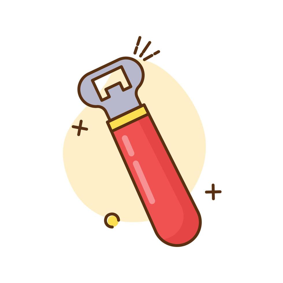 The image shows a cartoon illustration of a bottle opener. The bottle opener has a red handle with a yellow band near the top. vector