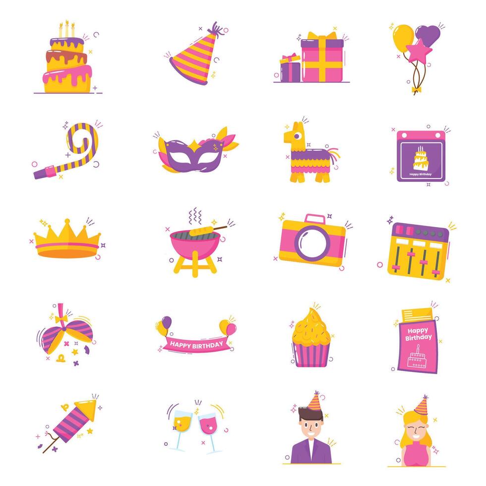 Set of celebration happy birthday cartoon-style icons, all related to celebrations, particularly birthdays vector