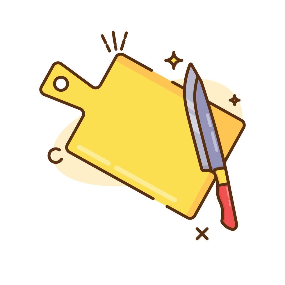 The image shows a cartoon illustration of a cutting board and a knife. The cutting board is rectangular with a rounded handle on the left side. vector