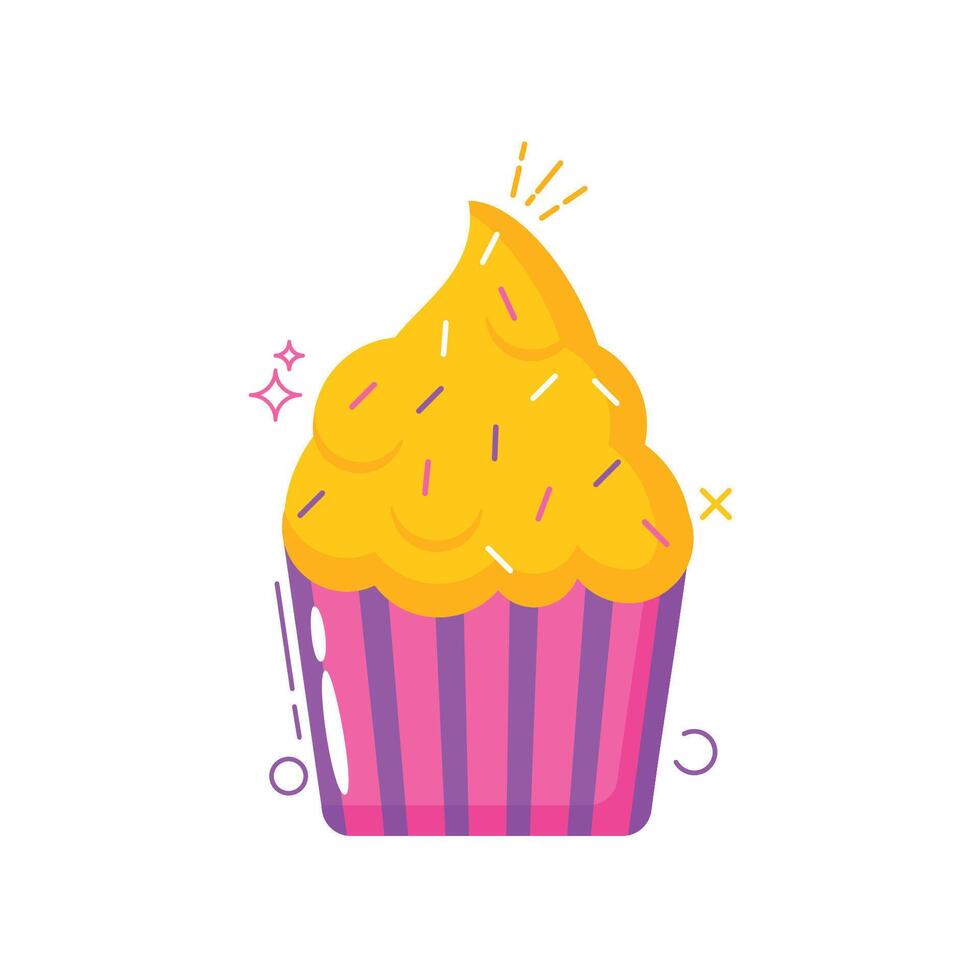 flat-style illustration of a delicious cupcake with a pink and purple striped wrapper and bright yellow frosting topped vector