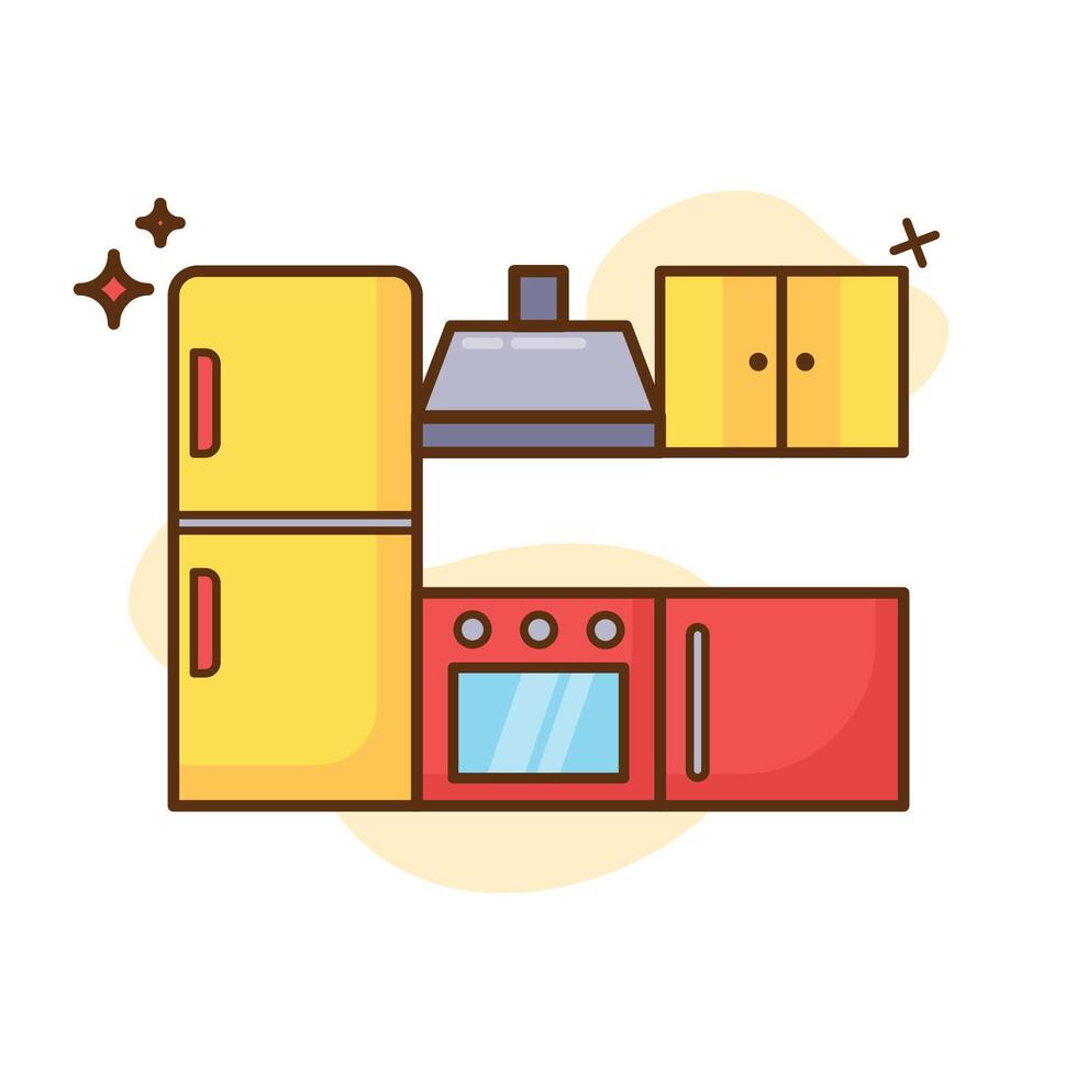 The image shows a cartoon illustration of a section of a kitchen. On the left is a yellow refrigerator vector