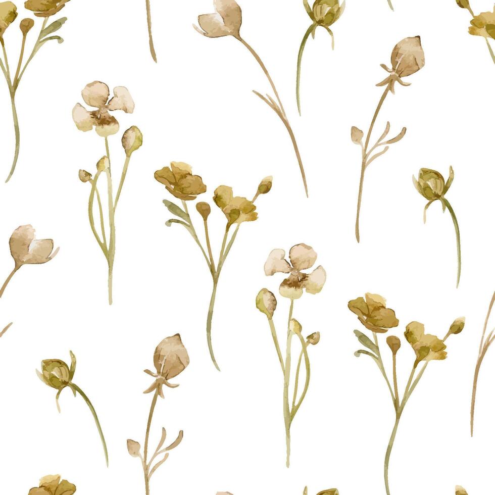 Beige simple flowers herbs watercolor seamless texture isolated. Floral pattern in natural sand tones. Little buds and petals hand painted on repeated background for design textile, packaging vector