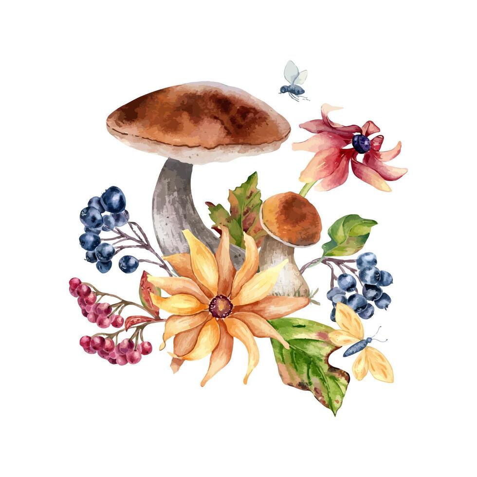 Watercolor autumn composition with mushrooms, berries, flowers, and butterfly isolated on white. Floral illustration of fall leaves and porcini hand painted for seasonal nature design, greetings vector