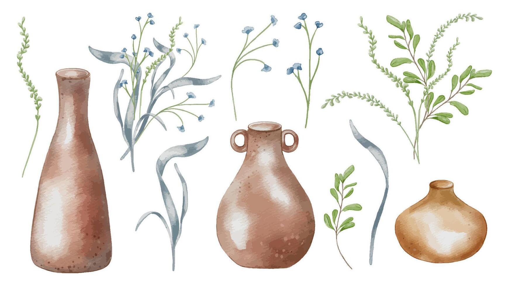 Flowers in pastel tone and pottery dishes in set. High jug and wide pot watercolor illustration isolated. Floral arrangements, plant stem and clay dishes hand drawn. For ceramics workshop, modeling vector