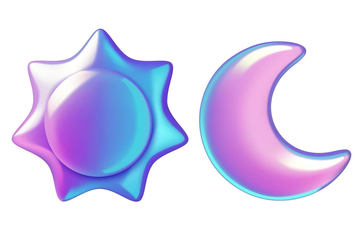 Sun day and moon night holographic 3d iridescent stickers vector